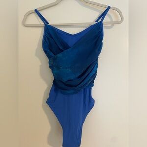 Capezio Watercolor Blue Ruched Mesh Ballet Leotard Adult Small